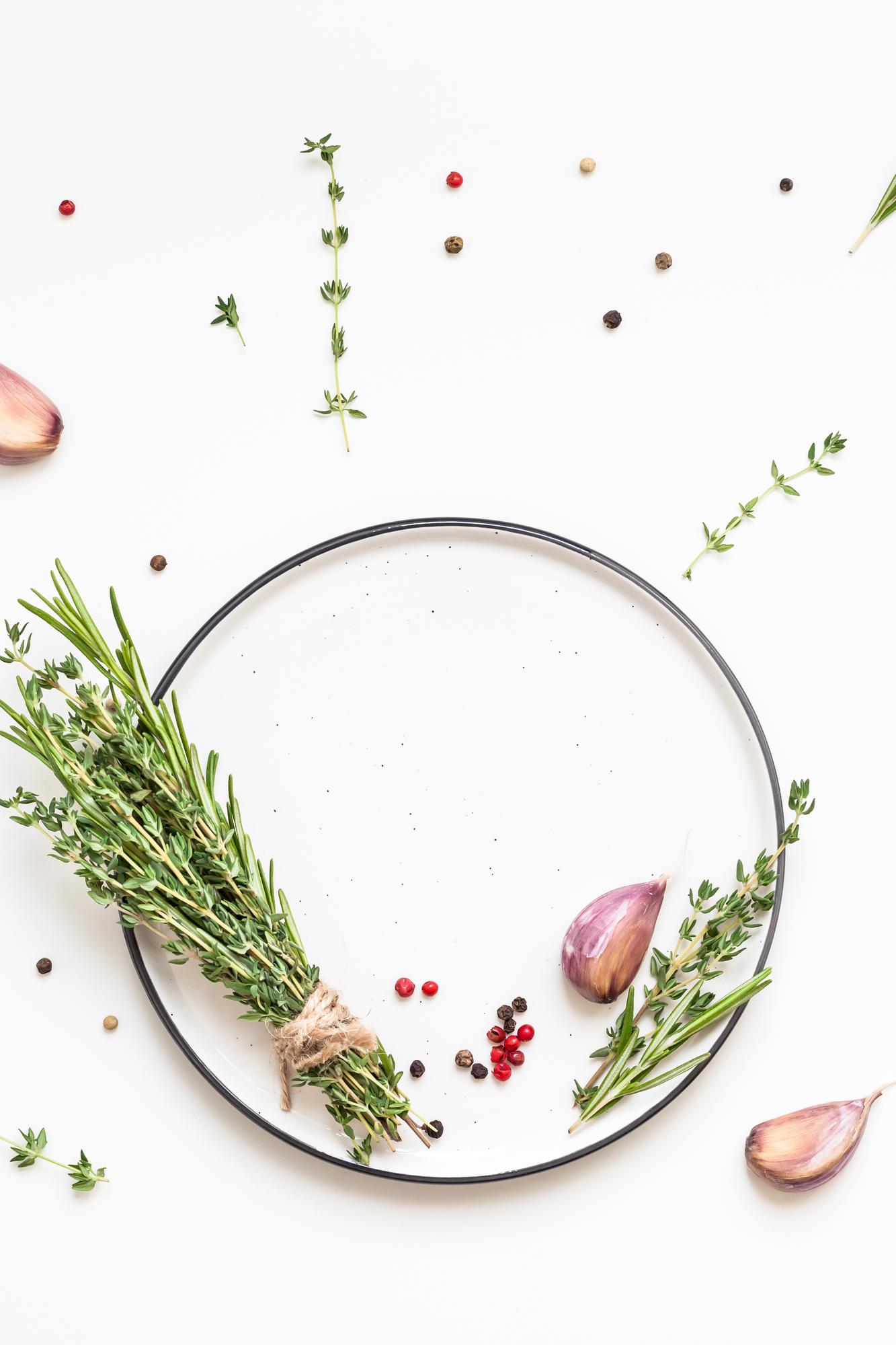 Plated seasonal starter with herbs